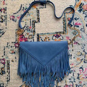 Blue Leather Fringe Clutch Purse